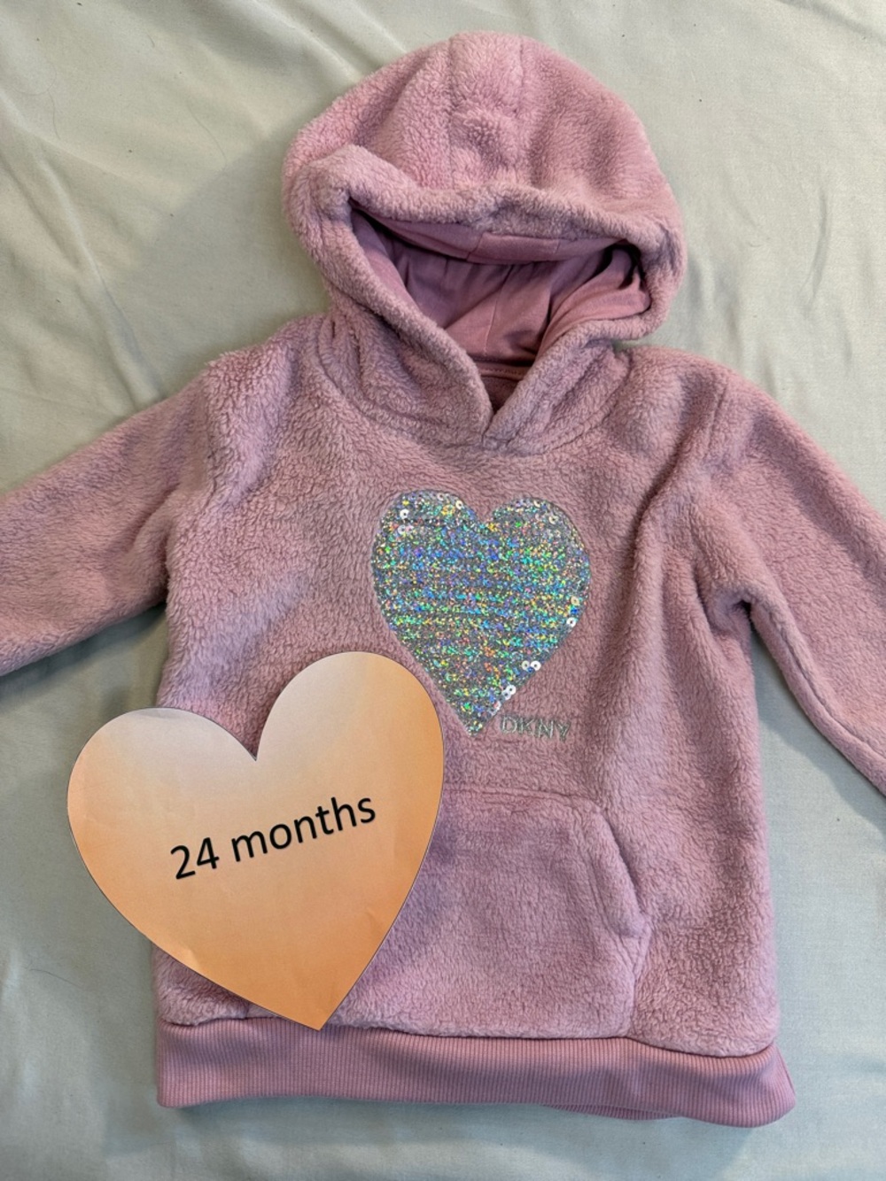 DKNY - Cozy Pink Fleece fuzzy Hoodie with silver sequin heart for Kids